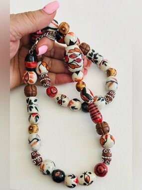 Tasha Ceramic Hand-painted Beaded Necklace with Black, Red & White Accents
